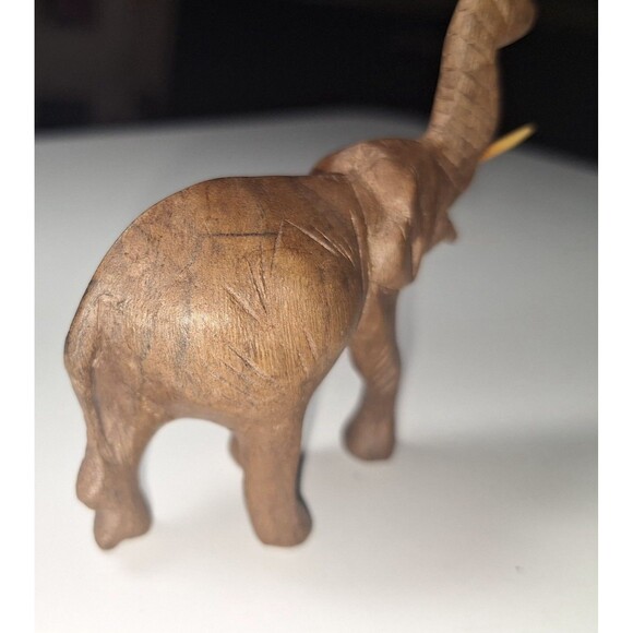 Hand Carved Wooden Elephant 4" Figurine Sculpture Trunk Up Good Luck Tusks - Picture 6 of 6
